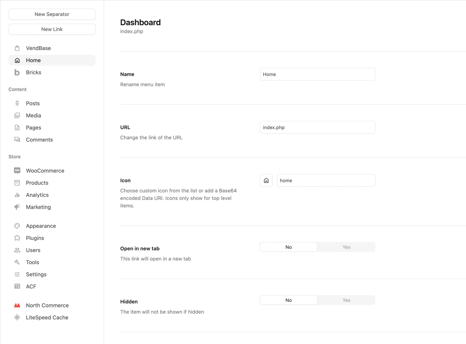 Admin menu builder interface