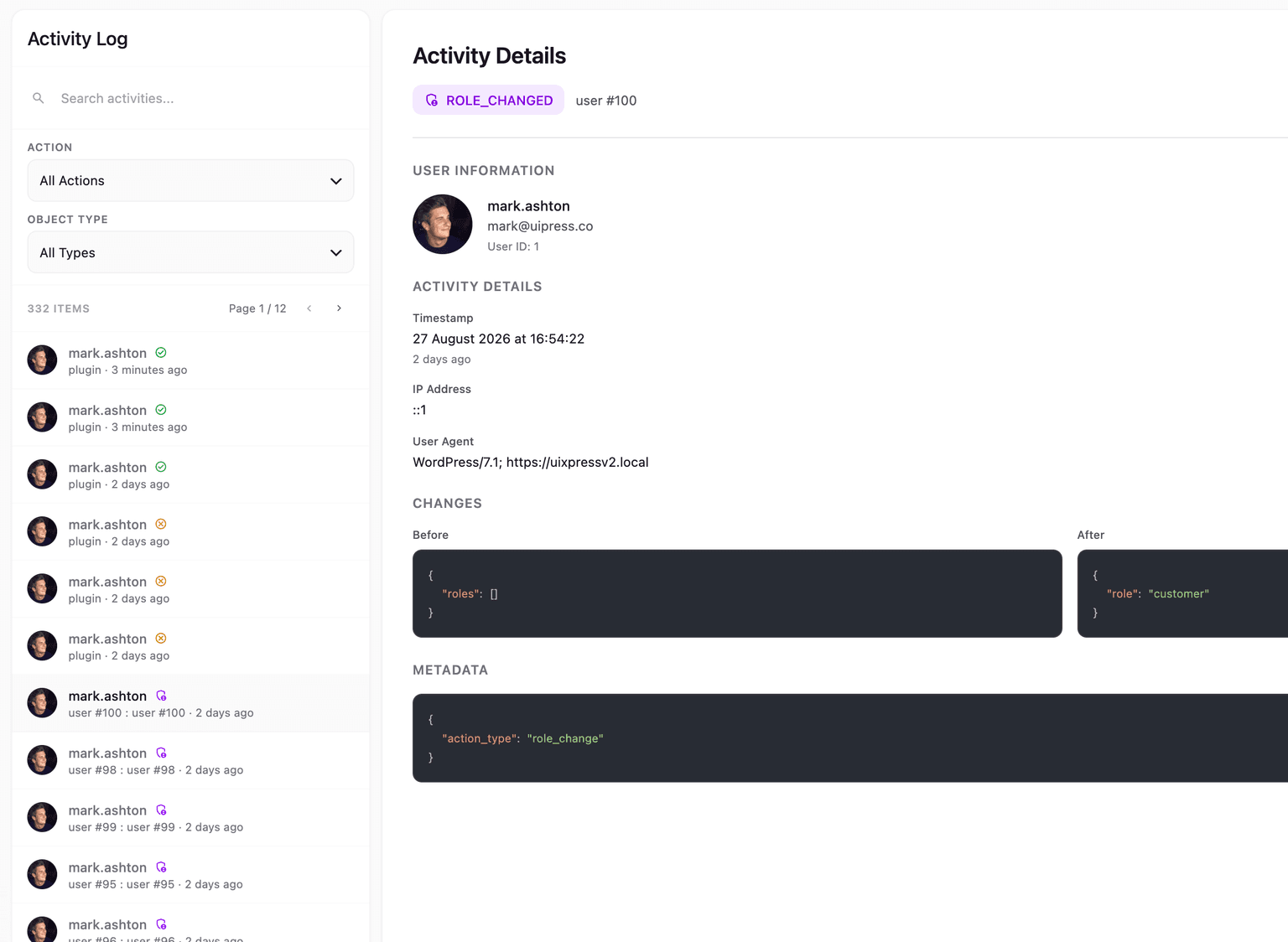 uiXpress activity log with event details and change history