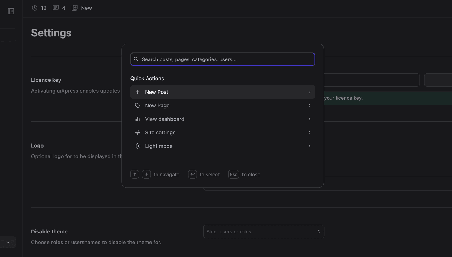 Global search interface showing search functionality and quick actions