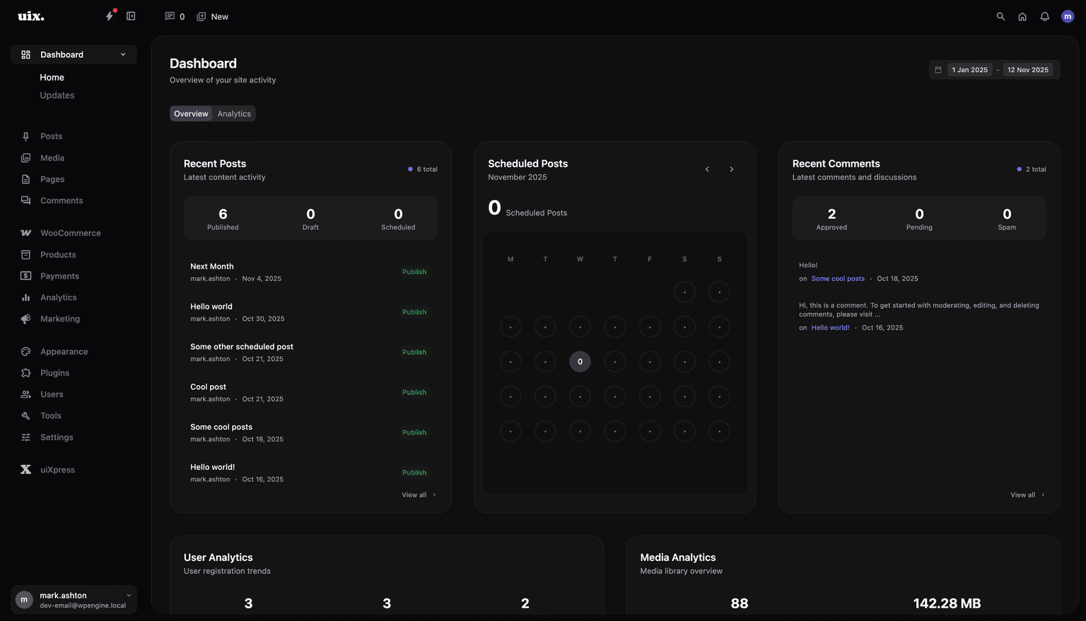 uiXpress WordPress Admin Interface showing modern dashboard design