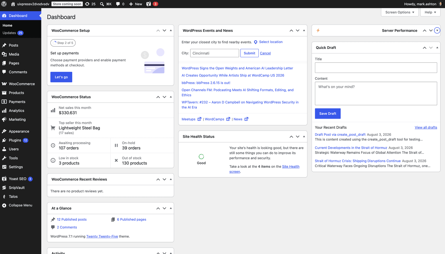Default WordPress admin dashboard