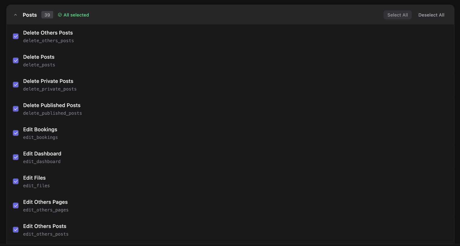 Capability category list with select all buttons and checkboxes