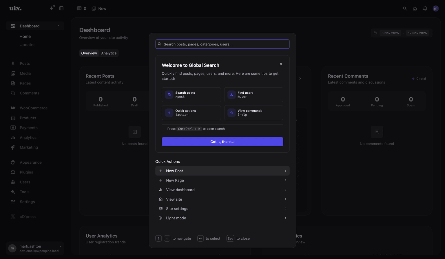 uiXpress Global Search empty state showing onboarding tutorial and quick actions