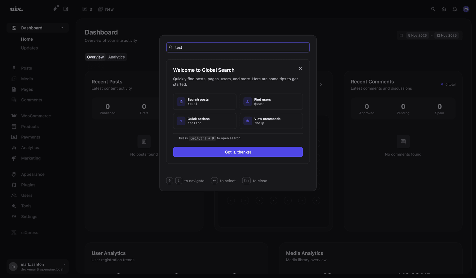 uiXpress Global Search showing search results with posts, pages, and users