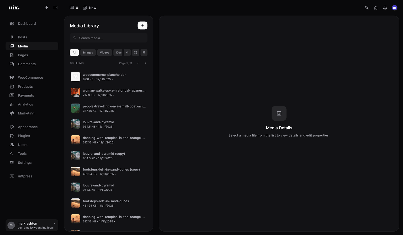 uiXpress Modern Media Library showing grid view with thumbnails
