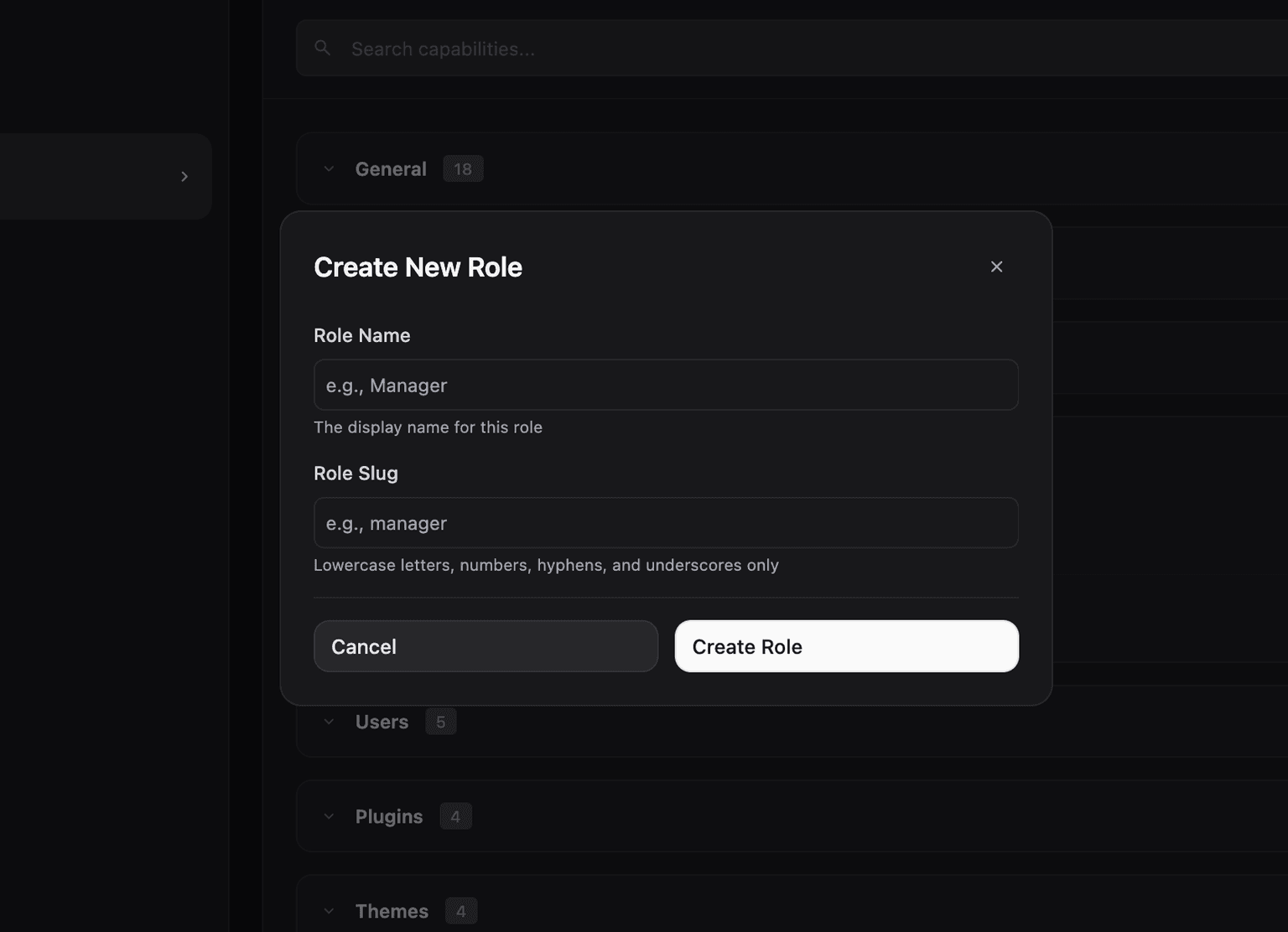 Create role modal showing name and slug validation