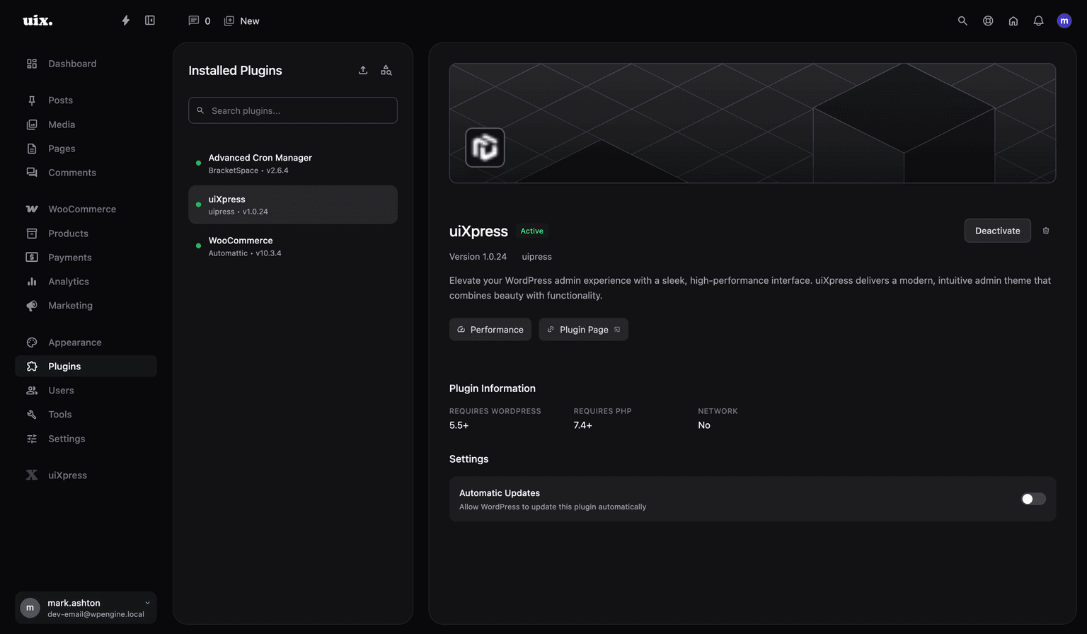 uiXpress Plugin Manager details view showing comprehensive plugin information and operations
