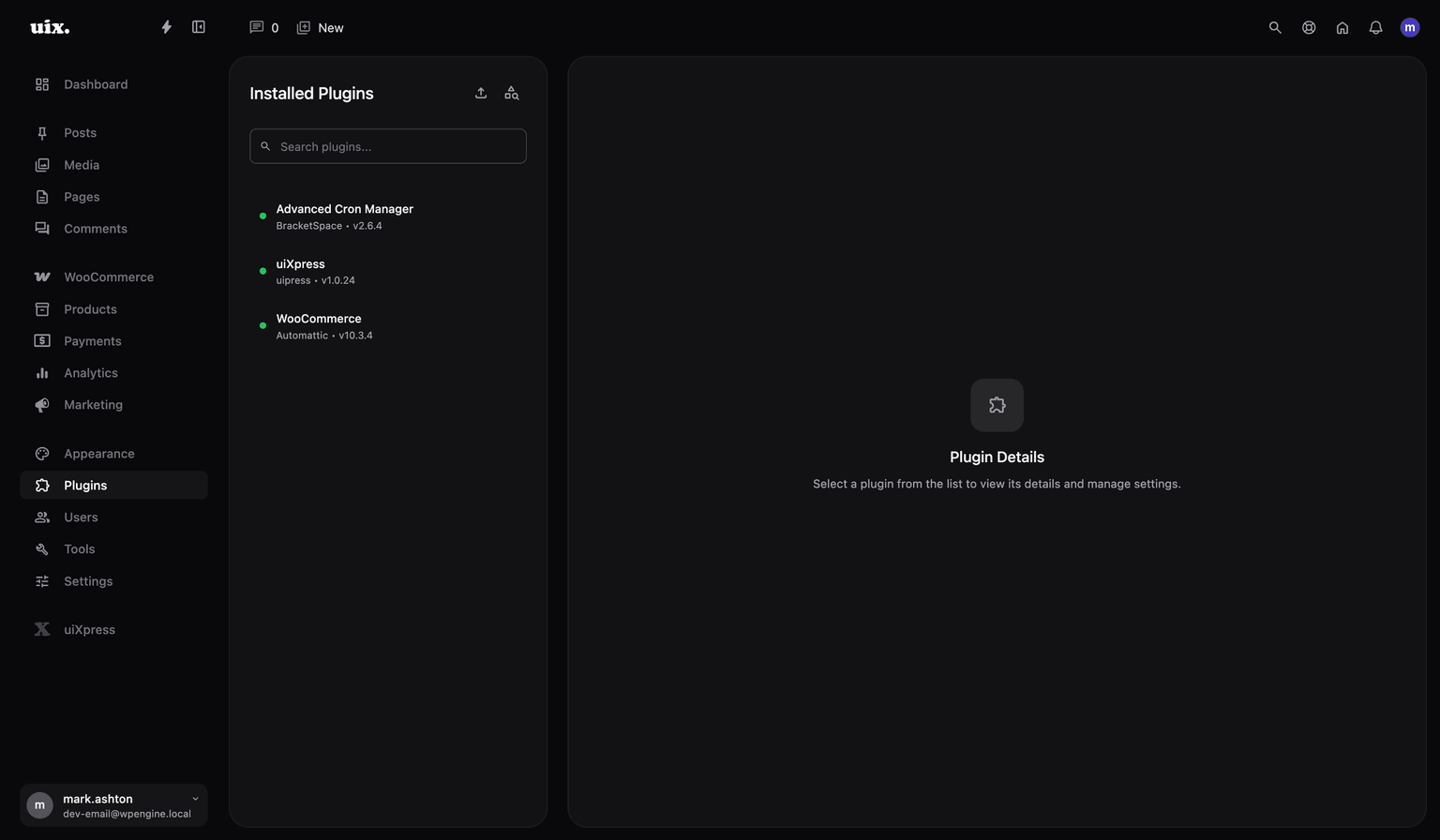 uiXpress Plugin Manager showing split-panel layout with installed plugins list and details view