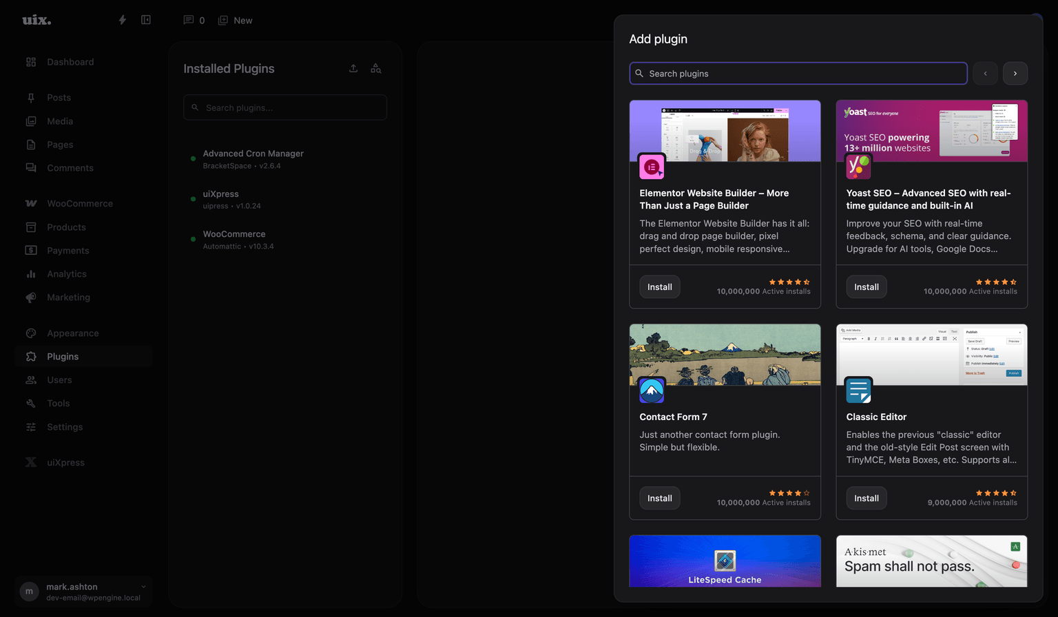 uiXpress Plugin Manager repository search interface showing plugin cards and search functionality