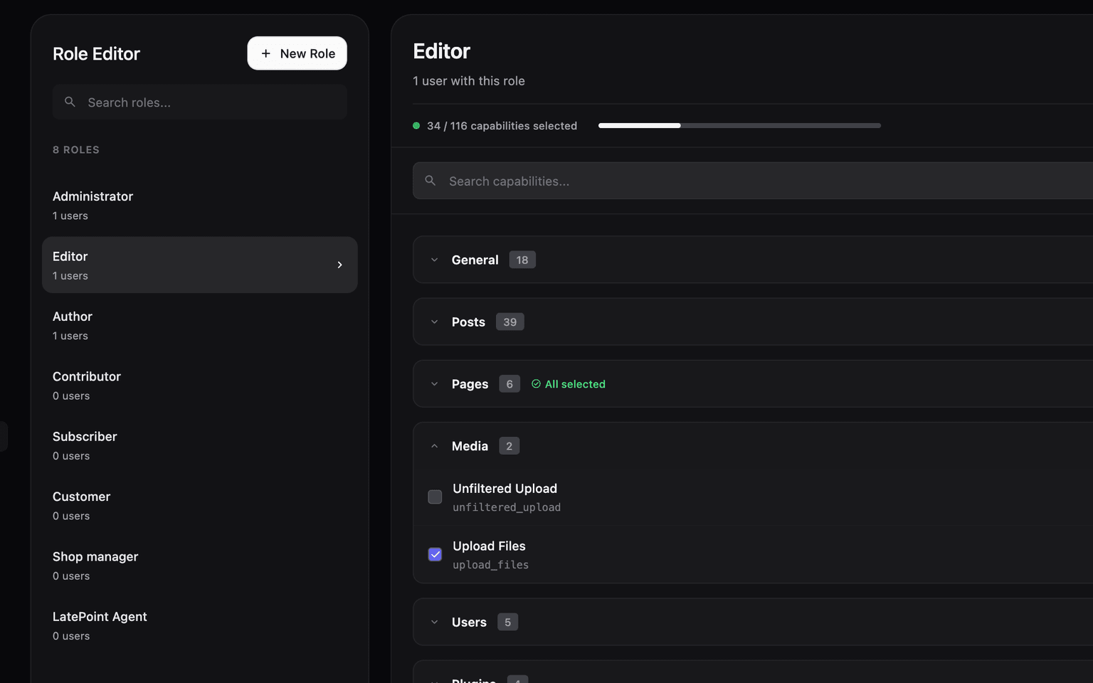 uiXpress Role Editor showing role list and capability categories