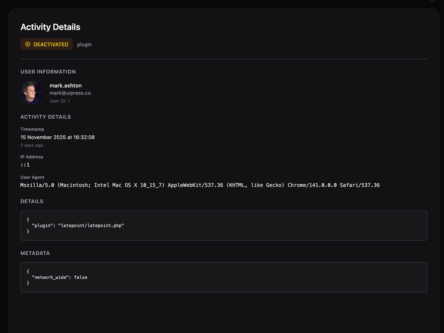 Activity details panel showing comprehensive log information