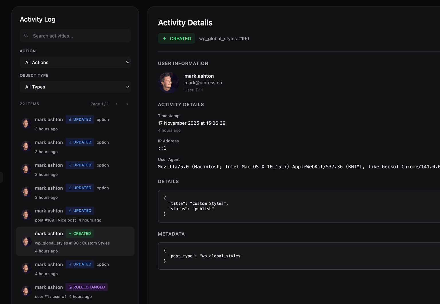 Activity list view showing search, filters, and activity entries