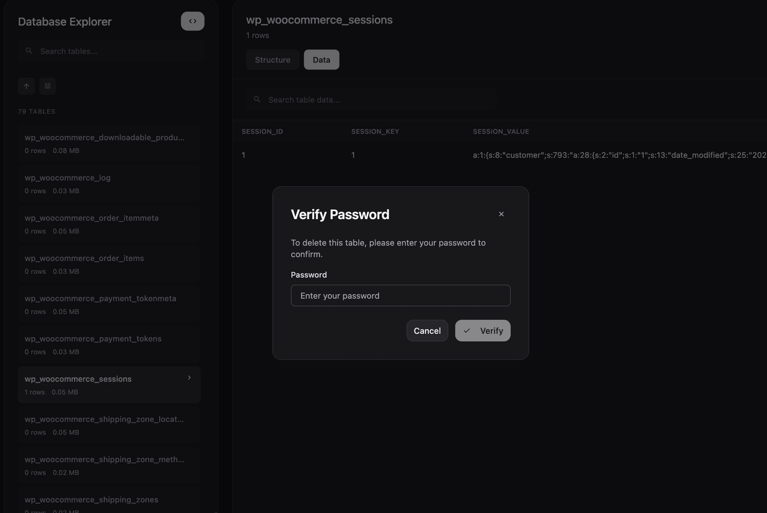 uiXpress password verification modal for deleting database tables